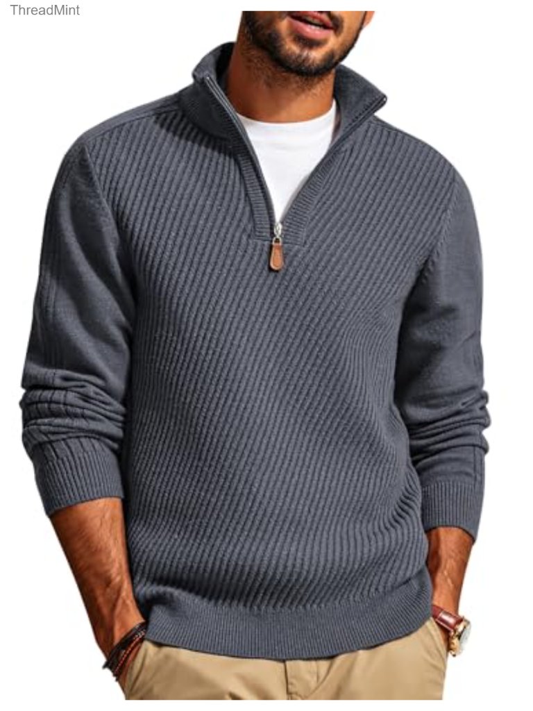 Mens Slim Fit Quarter Zip Pullover Sweater Long Sleeve Knit Texture